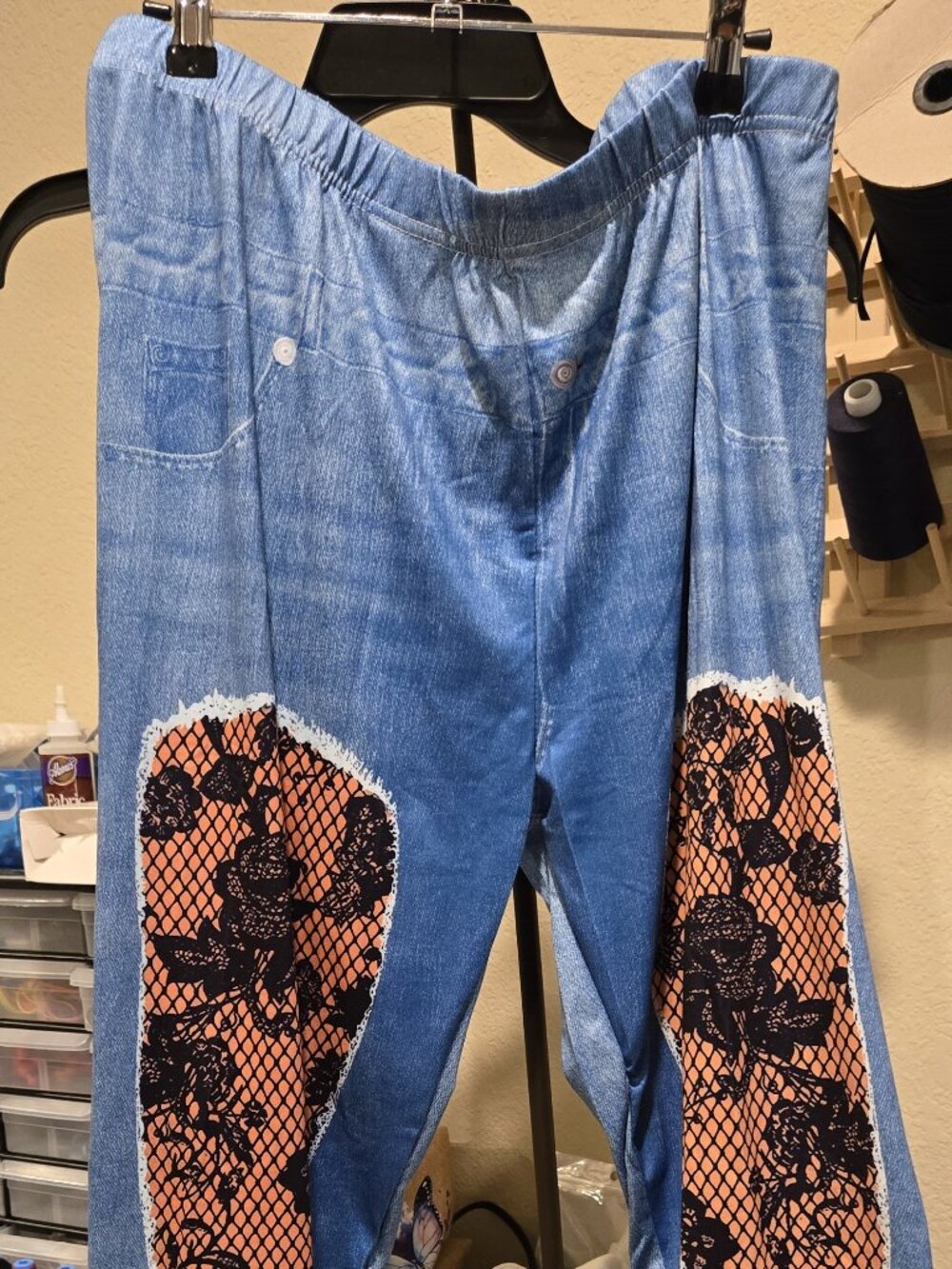 Faux Denim 3D Print Leggings High Waist Fishnet Lace Illusion Graphic Pants New